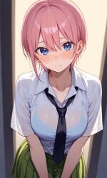 1boy absurdres asymmetrical_hair blue_eyes breasts commentary_request covered_nipples female go-toubun_no_hanayome gym_shirt highres kouzuki_(majc8345) large_breasts looking_at_viewer nakano_ichika nipples open_mouth outdoors paizuri paizuri_under_clothes penis pink_hair riyoka_hoshino see-through_clothes shirt short_hair smile straight wet wet_clothes wet_shirt white_shirt