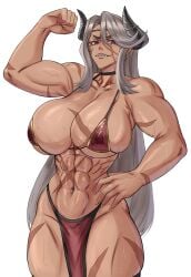 1girls abs dark-skinned_female dark_skin desmos_salamandis female_focus hi_res horns huge_ass huge_breasts long_hair purple_eyes sacro_kies scars seductive seductive_look showing_off tensei_colosseum toned toned_female white_hair