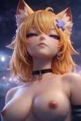 ai_generated breasts breasts_out collar furry_ears ia_generated kendomurft mexican_female natural_breasts nipples purple_eyes tits_out vtuber vtuber_persona vtuberhub yellow_hair