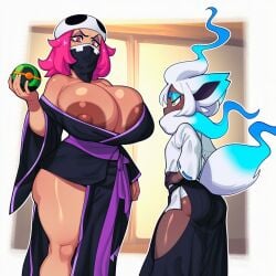1boy 1girls 2d ai_generated animal_ears ass big_ass big_breasts big_butt big_nipples big_thighs breasts cleavage dark-skinned_female dark_areolae dark_skin eyeshadow female foxes_inn gigantic_breasts hakama hands_on_own_hips height_difference hip_vent holding holding_poke_ball huge_areolae huge_breasts huge_nipples japanese_clothes kimono large_areolae large_ass large_breasts large_butt large_nipples large_thighs long_sleeves looking_at_another makeup male male/female mask massive_breasts mayo_(foxes_inn) mouth_mask nipple_slip nipples original pink_eyes pink_hair poke_ball pokemon puffy_nipples short_hair size_difference tail team_skull team_skull_grunt team_skull_grunt_(female) thick_ass thick_butt thick_thighs thighs white_hair