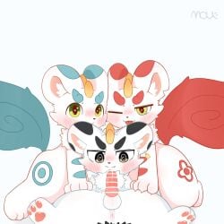 ambiguous_gender anus balls bixie_(fabulous_beasts) black_body black_fur blue_body blue_fur blush brother_(lore) brothers_(lore) cheek_tuft chest_tuft claws erection fabulous_beasts facial_tuft fangs feral fluffy fluffy_tail fur fur_markings genitals green_eyes group heart_eyes heart_symbol hi_res horn inner_ear_fluff kneeling looking_at_viewer lying male markings monotone_background moudefo multicolored_body multicolored_fur mythological_creature mythology neck_tuft on_back one_eye_closed pawpads paws penis pixiu presenting qishiqi_(fabulous_beasts) red_body red_fur round_ears shy sibling_(lore) spiral spiral_eyes spread_legs spreading tail teeth tianlu_(fabulous_beasts) tongue tongue_out trio tuft white_body white_fur