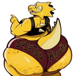 absurd_res alphys anthro ass back_spikes big_butt bodily_fluids bra cellulite clothed clothing doeswhatev doeswhatever eyewear female female_anthro freckled_face freckled_hips freckled_shoulders freckles glasses glistening glistening_body hi_res huge_butt jujutsu_kaisen lizard looking_at_viewer looking_back nathanatwar nerd open_mouth panties rear_view reptile scalie sharp_teeth simple_background solo spikes spikes_(anatomy) sweat tail teeth text text_on_clothing thick_thighs undertale undertale_(series) underwear weeb whateverdoes wide_hips yellow_body
