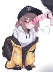 ... 1boy absurdres all_fours bent_over black_gloves black_hat black_pants blue_eyes blush breasts brown_hair censored clothes_pull commentary commission dima_(girls'_frontline) english_commentary female from_above full_body girls'_frontline gloves hair_between_eyes half-closed_eyes hat highres hood hoodie jacket jacket_pull kneeling large_penis leaning_forward long_hair looking_at_penis medium_breasts medium_hair off_shoulder open_clothes open_jacket pants penis penis_awe ponytail shinyozura solo_focus white_hoodie yellow_jacket
