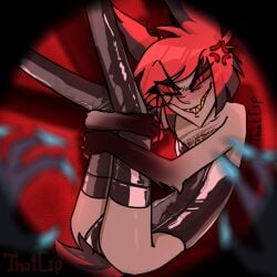 alastor_(hazbin_hotel) bob_cut color deer deer_ears demon embarrassed fangs fetal_position full_body hazbin_hotel horns latex latex_clothing latex_legwear latex_thighhighs leotard long_fingernails pointy_teeth radiostatic red_eyes red_hair red_nails scar smile spindlehorse_toons tail thighhighs vox_(hazbin_hotel)