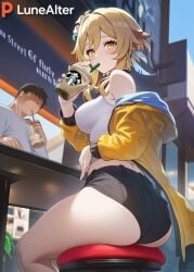 1girls ai_generated alternate_costume ass_focus big_ass big_breasts big_butt big_thighs black_shorts blonde_female blonde_hair blush city coffee_cup drinking female female_focus genshin_impact hoyoverse looking_at_viewer low-angle_view lumine_(genshin_impact) lunealter mihoyo pale-skinned_female pale_skin sfw short_hair shy sitting thick_ass thick_butt thick_legs thick_thighs white_shirt yellow_eyes yellow_jacket