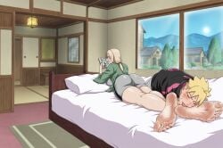 age_difference ai_generated blonde_hair blush boruto:_naruto_next_generations ca1nhurst feet foot_fetish foot_focus foot_worship large_breasts licking_foot lying_on_bed lying_on_stomach naruto naruto_(series) open_jacket reading_book short_hair size_difference spiked_hair sweaty_feet thick_thighs tsunade uzumaki_boruto wide_hips