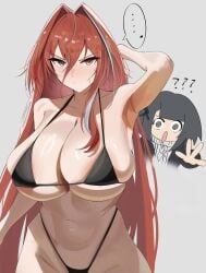... 2girls annoyed arknights arknights:_endfield arm_behind_head bikini black_bikini blush dot_mouth ember_(arknights:_endfield) endministrator_(arknights) female_endministrator_(arknights) female_pervert highleg huge_breasts multiple_girls skindentation thick_thighs wide_hips