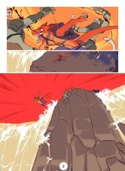 2017 4boys abs anthro armour arrow arrow_(weapon) athletic_male blood blood_splatter claws clothed clothing comic comic_panel dagger darnell_(zummeng) fight fleeing guards jumping knife male mammal no_nudity no_sex oc orange_scales original original_character outside page_2 panels scalie tail thief waterfall wishes_(comic) wolf wounded zummeng