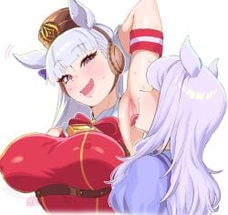 arm_up armpit armpit_licking armpits bakushin_o_armpit_gif_(meme) big_breasts blush clothed clothing gold_ship_(umamusume) mejiro_mcqueen_(umamusume) pankekes umamusume umamusume_pretty_derby yuri