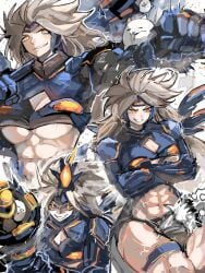 abs armor armored armored_female arms_crossed arms_crossed_under_breasts athletic athletic_female battle_cat breasts crushing dominant_female female female_focus hips larger_female long_hair muscular muscular_female muscular_thighs older_female raclesa raclesa_(battle_cats) revealing revealing_clothes rojgetreal smile squeezing taller_female thick_hips thick_thighs thigh_crush thighs underboob wide_hips