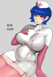 808gum blue_hair bob_cut elbow_gloves eyeshadow hand_on_own_breast latex_gloves lipstick makeup nurse nurse_cap nurse_tanya_(oc) pink_eyeshadow pink_gloves pink_lipstick pink_makeup thighhighs
