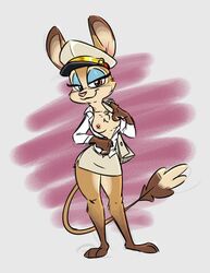 anthro clothed draegwolf exposed_breasts female ishoka jerboa nipples rodent sagirah_abdulaziz seductive solo tagme undressing uniform