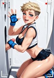 1boy :d ai_generated artist_name bare_shoulders battery_indicator black_skirt black_sports_bra blonde_hair blue_eyes blue_footwear blue_gloves blush breasts cassie_cage cheerleader cleavage clothing crop_top cropped_jacket erection eyebrow_piercing eyelashes female fingerless_gloves from_side gloved_handjob gloves hand_up handjob indoors jousneystudio kneeling large_breasts lips locker locker_room looking_at_viewer male medium_breasts microskirt midriff miniskirt mortal_kombat mortal_kombat_11 navel nose open_mouth patreon_username penis piercing pleated_skirt recording shiny_skin shoes short_hair skirt smile sneakers solo_focus sports_bra straight teeth thighs toned trembling undercut upper_teeth_only veiny_penis very_short_hair