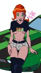 1girls alexurds belt ben_10 black_lips black_shirt black_socks breasts female female_only freckles_on_face gothic_girl green_eyes gwen_tennyson gwen_tennyson_(omniverse) gwen_tennyson_(the_more_things_change) mini_skirt omnitrix pleasure_face pose red_hair solo sports_car teenage_girl