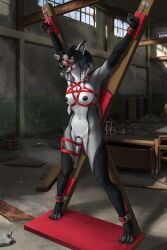 2026 2:3 anthro areola bdsm biped blush bodily_fluids bound breasts canid canine claws countershade_torso countershading digital_drawing_(artwork) digital_media_(artwork) elvofirida feet female fingers front_view fur genital_fluids genitals hair hi_res inside mammal navel nipples nude nude_anthro nude_female piercing restrained restraints saliva solo standing tail teeth toes tongue vaginal_fluids vulva