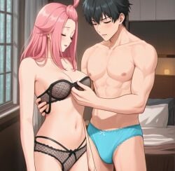 1boy 1boy1girl 1girls ai_generated areola areola_slip areolae assisted_undressing bed bedroom black_hair blush bra bra_pull bra_removed breasts closed_eyes couple couple_love cute etra-chan_saw! female fit fit_female happy hourglass_figure hourglass_figured_female imminent_sex kuroki_(etra-chan_saw!) lingerie male male/female medium_breasts muscular muscular_male nipple_peek nipples panties part_of_a_set perfect_body pink_hair smile smiling speedo undressing wholesome youtube yuri_(etra-chan_saw!)