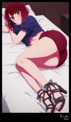 1girl 4k ai_generated anime arima_kana bangs bed blue bob body content crop cut explicit eyes feet full hair heels high legs lying masterpiece mini nsfw on oshi_no_ko pencil perfect plaid polish pose resolution sandals scene screenshot sexy short skirt smiling solo stiletto toenails toes top view with