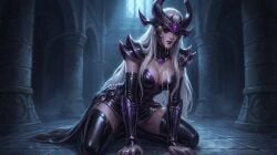 ai_generated clothing cumdrip female humiliation kneeling league_of_legends long_hair riot_games ruined_makeup syndra white_hair