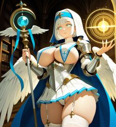 ai_generated angel angel_wings big_ass breast_curtains curvy garter_belt holding_staff magic nun thick_thighs
