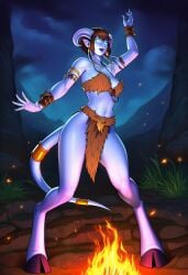 ai_generated almost_naked almost_nude blue_skin dancing draenei draenei_female fire fur_bikini glowing_eyes hooves horns pinup shaman shaman_(warcraft) solo solo_female tail underwear warcraft world_of_warcraft
