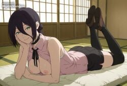 ai_generated anime anime_style artist_name bare_shoulders black_choker black_hair black_ribbon black_shorts black_thighhighs bra breasts breasts_out brown_footwear chainsaw_man choker closed_mouth collared_shirt female full_body futon green_eyes hair_between_eyes hair_bun hand_on_own_cheek hand_on_own_face head_rest hentai hi_res indoors looking_at_viewer lying medium_breasts mystic_maidens neck_ribbon nipples on_stomach open_clothes open_shirt patreon patreon_username pink_shirt reze_(chainsaw_man) ribbon shirt shoes short_hair short_shorts shorts single_hair_bun sleeveless sleeveless_shirt sliding_doors smile solo the_pose thighhighs underwear
