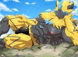 abs aircraft airplane anthro areola biceps big_muscles biped black_body black_clothing blue_eyes bulge city clothing destruction detailed_bulge felid fur generation_7_pokemon giga green_clothing green_underwear hi_res legendary_pokemon looking_down lying macro maldu male mammal muscular muscular_anthro muscular_male nintendo nipples pecs pokemon pokemon_(species) smoke solo speedo swimwear underwear vehicle whiskers yellow_body yellow_fur zeraora