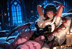1girl ai_assisted ai_generated animal_print armpits arms_up bangs bare_shoulders bat_print bat_wings black_hair black_leotard blue_eyes blunt_bangs blush breasts bridal_gauntlets cleavage closed_mouth curvaceous curvy curvy_female curvy_figure demon_wings elbow_gloves female gloves head_wings heart_cutout highleg highleg_leotard indoors jane_doe_(zenless_zone_zero) large_breasts leotard long_hair looking_at_viewer low_wings miyuai morrigan_aensland pantyhose print_legwear purple_legwear shiny smile solo strapless strapless_leotard succubus thick thick_ass thick_butt thick_hips thick_legs thick_thighs thighs voluptuous voluptuous_female wide_hips wide_thighs window wings zenless_zone_zero