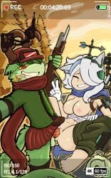 absurd_res anthro bottomwear breasts cigarette clothing deer duo felid feline female female_on_anthro femboy forest from_front_position fur genitals gesture green grin gun hair hand_gesture hi_res human hybrid interspecies iseul_yoo light_body light_skin lying male male/female mammal missionary_position on_back penetration penile_spines penis plant ranged_weapon recording recording_video red_eyes scarf scottish sex skirt smile spread_legs spreading tail toinkity tree v_sign vaginal_penetration vulva weapon white_hair yuki_campbell