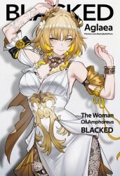 1girls aglaea_(honkai:_star_rail) ai_generated basicallynomore blacked blonde_female blonde_hair english english_text green_eyes honkai:_star_rail laurel_crown poster solo solo_female tattoo