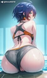 1girls ai_generated anus ass ass_focus back_view belle_(zenless_zone_zero) big_ass bikini blue_hair blush breasts clothing_aside dripping earrings female female_only from_behind grey_panties huge_butt indoors inner_labia jewelry large_butt light-skinned_female looking_at_viewer looking_back orange_bikini pool pussy shineinsfw short_hair sitting smile solo sports_bikini sweat swimming_pool swimwear thighs water wet wet_body yellow_eyes zenless_zone_zero