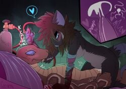 2_penises air_tank animal_genitalia animal_penis anthro blood blood_on_arm blue_body blue_eyes blue_skin blush blush_lines bodily_fluids bolt_gun brown_body brown_hair circe_(pankallisti) countershading cowgirl_position cuff_(restraint) cum cum_in_vagina cum_inside death death_during_sex dialogue dominant dominant_female double_penetration duo english_text female female_on_top from_front_position fur genital_fluids genitals gore grey_body grey_fur hair handcuffed handcuffs head_injury heart_symbol hemipenes hi_res impregnation internal internal_vaginal killing male male/female mammal metal_cuffs multi_genitalia multi_penis murid murine on_bottom on_top pankallisti penetration penis prosthetic prosthetic_arm prosthetic_limb questionable_consent rat reptile restraints rodent scalie sex snake speech_bubble text vaginal_penetration