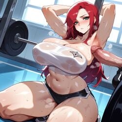1boy ai_generated armpit_sex armpits arms_behind_head arms_up bandeau bangs bare_shoulders black_shorts blue_eyes blush breasts cleavage clothing covered_nipples crop_top dolphin_shorts erection exercise female green_eyes gym huge_breasts huge_cock indoors katarina_du_couteau kneeling large_breasts league_of_legends long_hair looking_at_penis looking_at_viewer lunaart male midriff navel parted_lips penis red_hair riot_games see-through shirt shoes short_shorts shorts solo_focus squatting steaming_body stomach straight strapless sweat testicles thick_thighs thighs tube_top veins veiny_penis very_sweaty wet wet_clothes