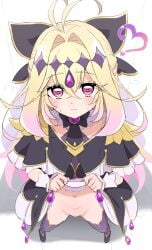 antenna_hair black_dress blonde_hair blush bow breasts brooch censored commentary cure_arcana_shadow diamond_hairband donutman dress female forehead_jewel hair_intakes hair_ribbon highres jewelry long_hair looking_at_viewer magical_girl meitantei_precure! moria_luluka navel no_panties pink_eyes precure pretty_cure purple_thighhighs purple_veil pussy ribbon small_breasts solo thighhighs toei_animation two-tone_dress veil white_dress wrist_cuffs