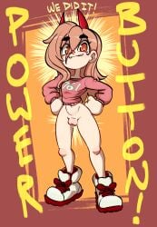 absurd_res bodily_fluids bottomless chainsaw_man clothed clothing eyelashes female footwear front_view genital_fluids genitals hair hands_on_hips hi_res horn horned_humanoid humanoid jellot jellotsok long_hair looking_at_viewer navel orange_background pink_clothing pink_hair pink_topwear plump_labia power_(chainsaw_man) pupils red_background red_eyes red_horn shoes simple_background smile solo tan_body tan_skin text thick_thighs topwear unusual_pupils vaginal_fluids vulva white_clothing white_footwear white_shoes wide_hips