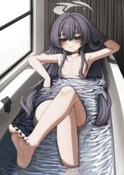 absurdres alternate_hairstyle barefoot bathing bathtub black_eyes black_hair black_nails black_toenails blue_archive blush breasts commentary commission completely_nude convenient_hair crossed_legs feet female foot_focus grey_halo hair_down halo highres indoors kisaki_(blue_archive) lobsteranian long_hair looking_at_viewer nail_polish nipples nude parted_lips partially_submerged petite small_breasts soles solo toenail_polish toenails toes