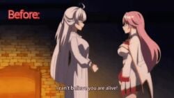 1boy 2girls animated anime before_and_after blue_eyes boobjob conversation dick_between_boobs double_paizuri female female_focus female_only flare_arlgrande_jioral kaifuku_jutsushi_no_yarinaoshi keyarga_(redo_of_healer) knight kureha_clyret looking_at_viewer paizuri pink_eyes princess redo_of_healer reunion satisfied_smile sex silver_hair squeezing_breast titjob tnk_(company)