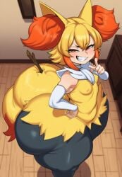 1girls 2d ai_generated animal_ear_fluff animal_ears ass big_ass big_butt big_thighs blonde_hair blush braixen breasts bubble_butt covered_nipples detached_sleeves female_only fox_ears fox_girl fox_tail gigigens grin hair_between_eyes hand_on_own_hip huge_ass huge_butt huge_thighs humanization humanized humanized_pokemon indoors large_ass large_butt large_thighs looking_at_viewer massive_ass massive_butt multicolored_hair nipple_bulge nipples nipples_visible_through_clothing oerba_yun_fang orange_hair red_eyes small_breasts smile solo solo_female standing stick tail teeth thick_ass thick_butt thick_thighs thighs wide_hips