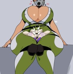 1boy behemaid between_thighs breasts cleavage covered_nipples dead_by_daylight female heart huge_breasts large_breasts mask pixie_cut rabbit short_hair size_difference the_skull_merchant