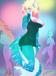 2025 anthro areola big_breasts blonde_hair blue_body blush breasts clothing countershading dance_floor dress ear_piercing embarrassed facial_markings fin fin_piercing fish flynn_doral furgonomics furry-specific_piercing genitals gradient_penis green_body green_clothing green_dress green_eyes grey_body grey_countershading group gynomorph hair head_markings hi_res highlights_(coloring) intersex mammal marine markings multicolored_body navel_outline nipples non-mammal_breasts notched_tail party penis piercing pink_highlights pointy_ears public public_exposure ring_piercing shark signature solo_focus stripes tail tail_fin tight_clothing tight_dress tugging_clothing undersized_clothing white_stripes zeighous