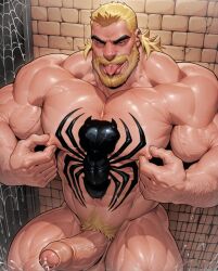 1boy ai_generated bara barazoku cock drvlar eddie_brock gay male male_focus male_only marvel marvel_comics muscular muscular_male penis smug solo venom venom_(marvel) yaoi