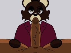 bear blowjob brown_fur cheek_tuft cum cum_in_mouth cum_inside dropout_bear eye_contact eyelashes femboy femboy_on_futa furry futanari hair_bun holding_thighs kanye_bear longer_than_10_seconds looking_at_viewer oral sucking_penis suit tagme video