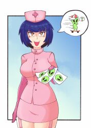 alien blue_hair elbow_gloves latex_gloves nurse nurse_cap nurse_tanya_(oc) pink_gloves raflcoopter speech_bubble