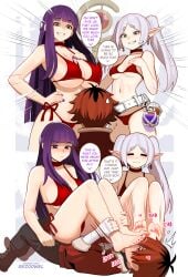 1boy 2girls :/ :3 =_= bare_legs barefoot belt bikini black_hair black_jacket black_pants blunt_bangs blush breasts choker closed_mouth commentary_request cowgirl_position earrings elf english_text feet fern_(sousou_no_frieren) flask flying_sweatdrops foot_on_another's_face foot_worship frieren green_eyes grey_hair grin hand_on_own_chest hand_on_own_hip heart highres huge_breasts jacket jewelry knee_up legs long_hair medium_breasts multicolored_hair multiple_girls nail_polish pants parted_bangs patreon_username pointy_ears purple_eyes purple_hair purple_nails red_bikini red_choker red_hair red_jacket rezodwel roots_(hair) short_eyebrows side-tie_bikini_bottom sidelocks sitting sitting_on_person smile sousou_no_frieren speech_bubble stark_(sousou_no_frieren) string_bikini sweatdrop swimsuit teardrop_earrings thick_eyebrows toenail_polish toenails twintails underboob very_long_hair watermark web_address white_belt