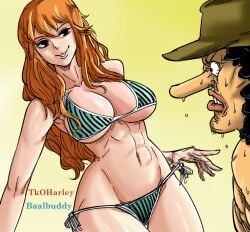 1boy 1girls abs athletic_female big_breasts bikini black-haired_male black_hair breasts brown_eyes female fit fit_female giant_breasts ginger hourglass_figure human human_female human_male imminent_sex large_breasts legs light-skinned_female male massive_breasts muscular nami_(one_piece) navel one_piece orange-haired_female orange_hair red_hair seduction seductive slim_waist smile smirk thick_thighs tkoharley usopp wide_hips