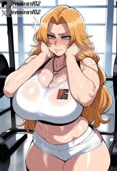 1girl abs ai_generated artist_name bare_shoulders between_breasts black_thighhighs bleach blonde_hair blue_eyes blush breasts cleavage closed_mouth clothing collarbone cowboy_shot curvaceous curvy dolphin_shorts exercise female female_only gym hands_on_own_cheeks hands_on_own_face huge_breasts indoors jennieart02 jewelry large_breasts long_hair matsumoto_rangiku midriff mole mole_under_mouth muscular navel necklace orange_hair parted_bangs patreon patreon_logo patreon_username plump see-through short_shorts shorts solo sports_bra sportswear standing stomach sweat sweaty_clothes thick_thighs thighhighs thighs twitter twitter_username watermark weightlifting wet wet_clothes white_shorts white_sports_bra