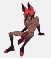 1boy alastor_(hazbin_hotel) animal_ears animal_tail antlers black_fur black_hair dark-skinned_male dark_skin feet hazbin_hotel hooves looking_at_viewer male male_focus male_only medium_penis naked nipples nude penis pubic_hair ranksauce red_eyes red_hair scar simple_background smile smiling solo solo_focus solo_male white_background wounded