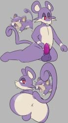 animal_genitalia animal_penis anthro anus aroused ass backsack balls big_butt buckteeth curled_tail dark_balls delta's_art generation_1_pokemon genitals looking_at_genitalia looking_at_penis looking_back male nintendo penis pinup pokemon pokemon_(species) pose presenting presenting_anus presenting_penis rattata red_eyes reference_image sheath simple_background solo tail tapering_penis teeth thick_thighs throbbing throbbing_penis