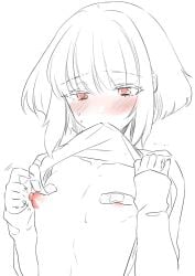 1boy androgynous bandaid bandaids_on_nipples blush bob_cut embarrassed femboy femboy_only lifting_shirt lio_fotia male monochrome nipples petite petite_body petite_male promare shirt_lift short_hair slim slim_male slim_waist solo sweat twink