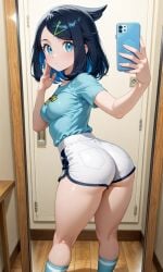 ai_generated aqua_shirt ass black_hair blue_eyes blue_hair blue_shirt blue_socks blush breasts cellphone closed_mouth clothing colored_inner_hair cowlick dolphin_shorts female footwear from_behind hair_ornament hairclip holding holding_phone indoors kneepits liko_(pokemon) looking_at_viewer looking_back medium_breasts medium_hair mirror multicolored_hair pantylines phone pokemon pokemon_(anime) pokemon_horizons reflection shirt shirt_tucked_in short_hair short_shorts short_sleeves shorts smartphone socks solo standing t-shirt thighs twisted_torso two-tone_hair white_shorts wooden_floor
