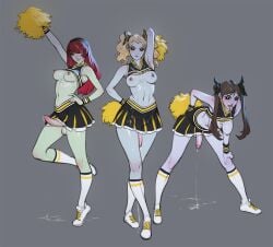 3girls blonde_hair breasts brown_hair cheerleader demon_girl erection female female_only full-package_futanari futanari grey_background hair_ornament highres long_hair multiple_girls original pleated_skirt pom_pom_(cheerleading) red_hair shoes simple_background skirt sneakers socks tarakanovich tongue tongue_out twintails